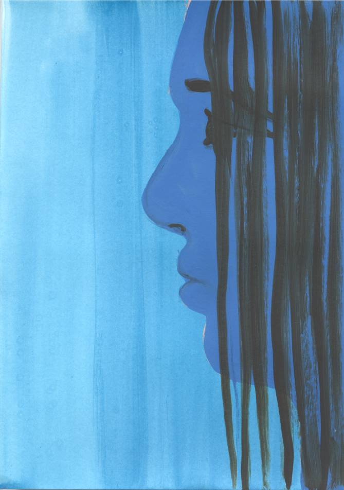 2025, Blaue Fee (Arbeitstitel), 30 x 21 cm, Acrylfarbe, Ölfarbe und Papier
