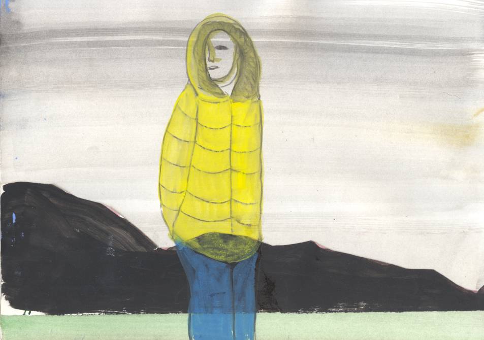 2022, Figur mit gelbem Anorak, 21.5 x 30.5 cm, Mischtechnik auf Papier
